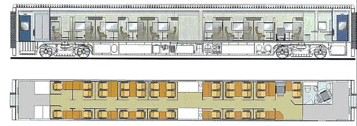 Моторный вагон туристического-класса с купейной компоновкой кресел и специальными местами для пассажиров с ограниченной подвижностью схема