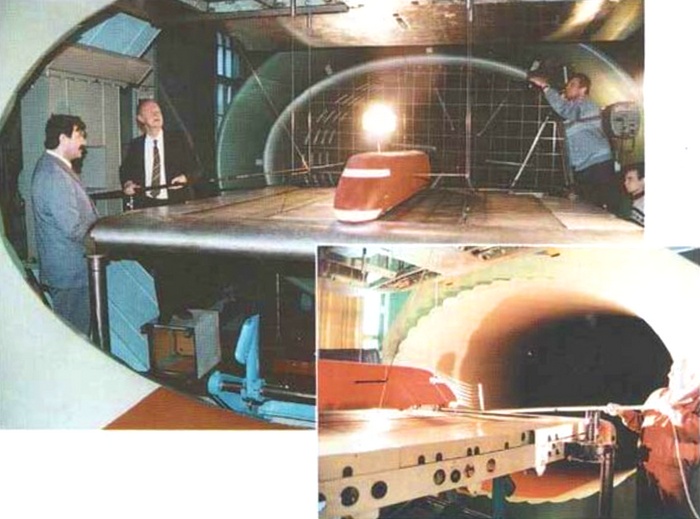 Испытание модели вагона в аэродинамической трубе ЦНИИ им. академика А.Н. Крылова 1994-1995